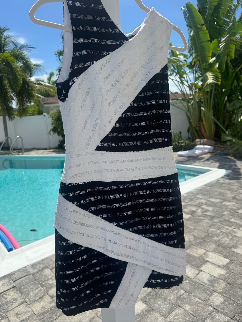 BCBGMaxAzria Black and White One-Shoulder Striped Lace Dress